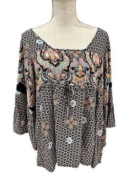 Haute Project Womens Bohemian Paisley Geometric Print Blouse/Bell Sleeves XL